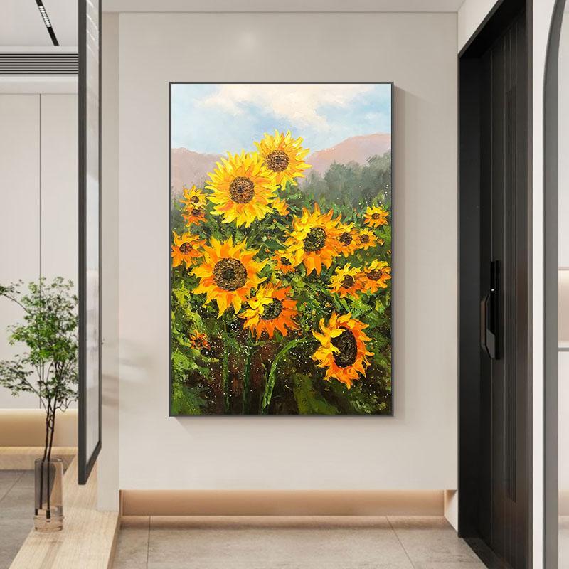 壁畫原創純手繪油畫向日葵客廳玄關裝飾畫厚肌理畫北歐向陽花掛畫花卉