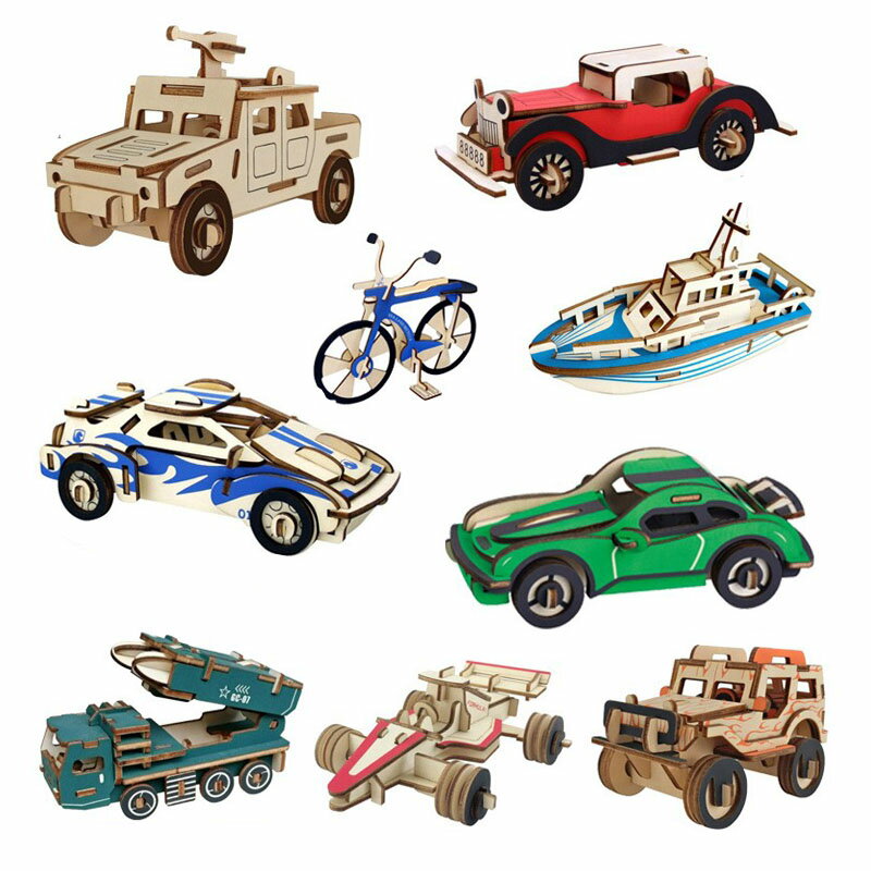 木質3d立體拼圖兒童益智玩具 手工diy拼裝汽車模型 仿真車模-朵朵雜貨店