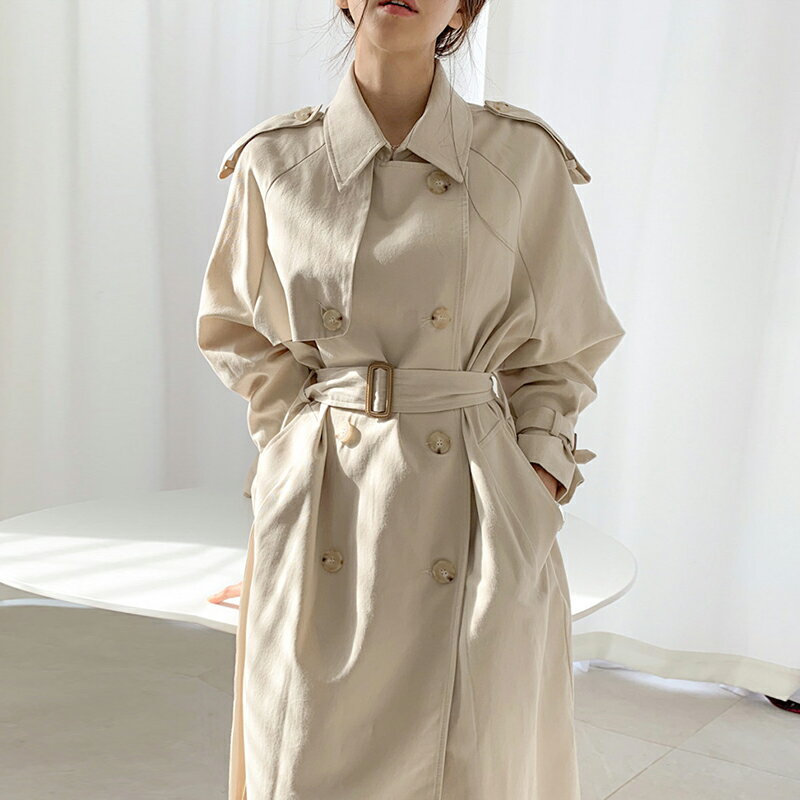 韓國chic法式優雅翻領雙排扣環扣綁帶收腰過膝長袖工裝風衣外套女