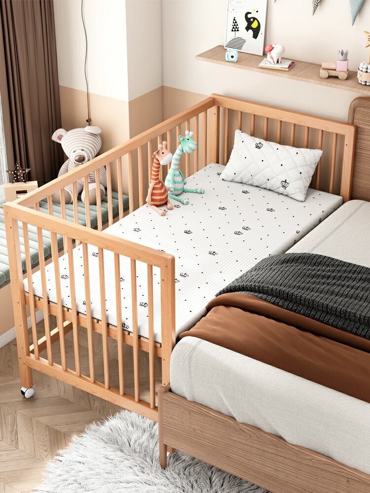 櫸木嬰兒床實木寶寶床新生兒拼接大床可移動高度可調節小床帶輪子