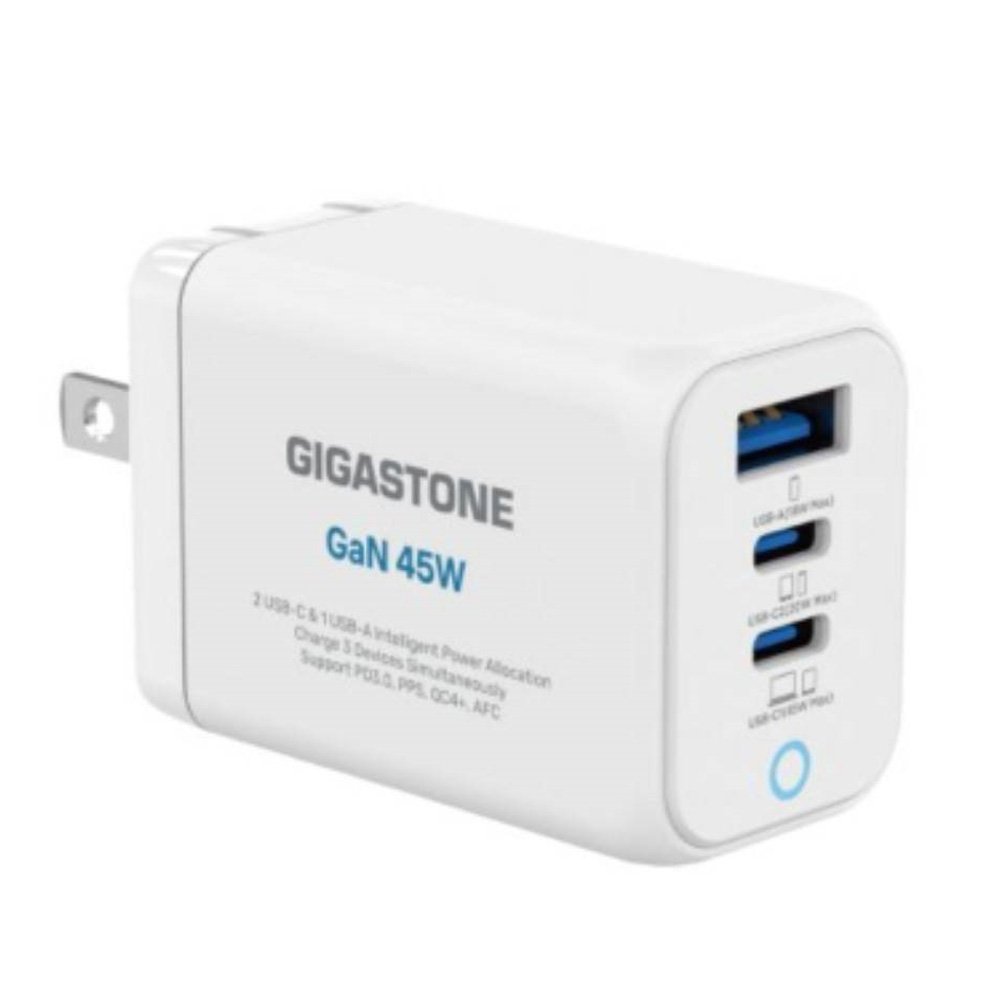 GIGASTONE 45W GaN氮化鎵三孔充電器-白【九乘九購物網】