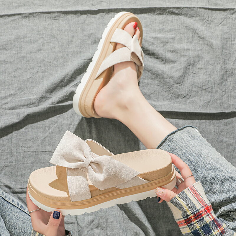 學生時尚厚底涼拖鞋女2020夏季新款仙女蝴蝶結松糕涼拖外穿沙灘鞋