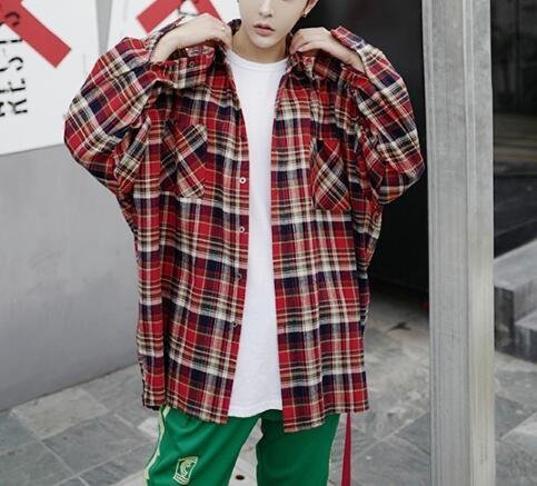 FINDSENSE Z1 韓國 時尚 潮 男 寬鬆大尺碼 紅色格紋 長袖襯衫 特色襯衫