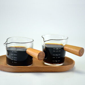 木柄玻璃小奶盅濃縮咖啡玻璃杯刻度量杯雙嘴分享壺拿鐵杯迷你奶缸