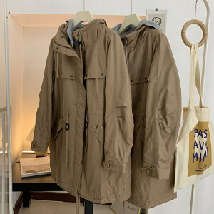 加厚工裝棉服女中長款M-42冬季新款韓版連帽假兩件寬松長袖外套