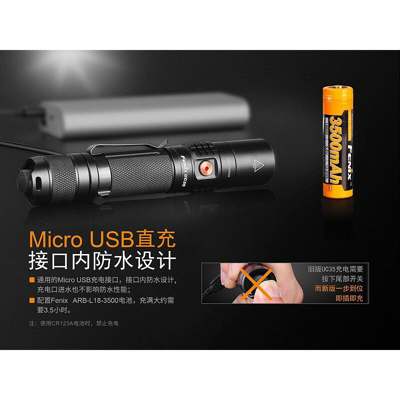 【錸特光電】FENIX UC35 V2.0 1000流明 內附電池 戰術小直筒 USB直充 有電量顯示 雙按鍵 抱夾 4