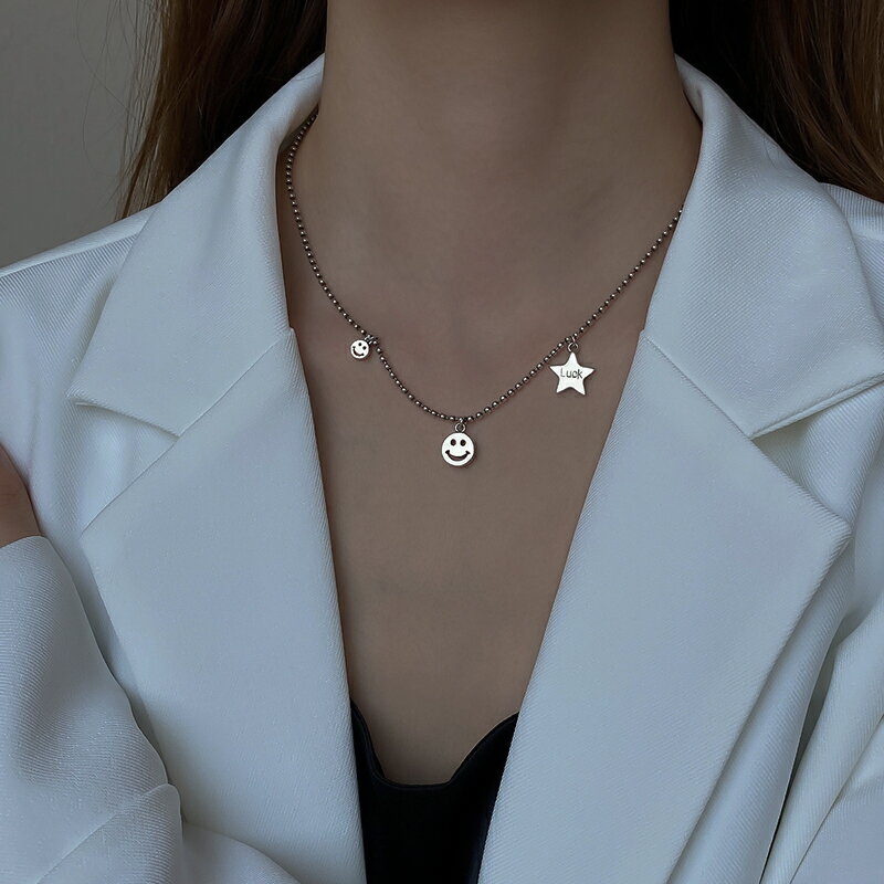 純銀笑臉項鏈女夏年新款做舊星星鎖骨鏈復古泰銀嘻哈潮鎖骨鏈 4