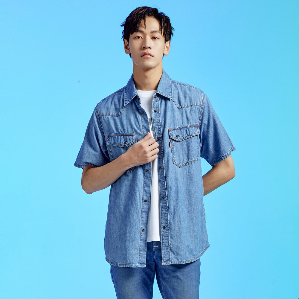 EDWIN 經典短袖牛仔襯衫-男款 石洗藍 1