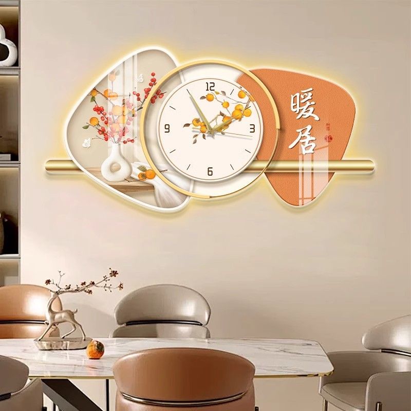 新中式暖居餐廳裝飾畫鐘表掛鐘客廳掛畫輕奢高檔飯廳靜音時鐘壁畫