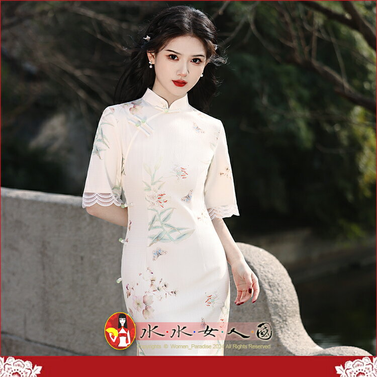 倒大袖蕾絲花邊中長款旗袍春夏新款復古中國風印花改良日常優雅淑女範修身顯瘦連身裙女洋裝-牽蝶-水水女人國