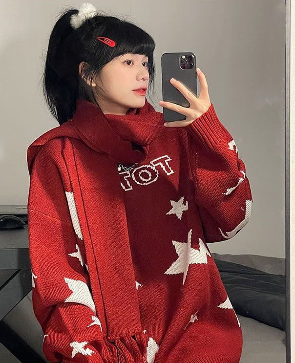 毛衣衫復古慵懶風格子紅色女學生韓版寬松軟糯時尚百搭秋冬季
