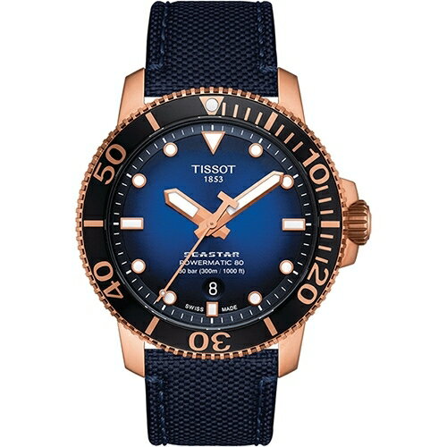 樂天卡滿5千回饋10%｜TISSOT 天梭錶 Seastar 海星系列300米潛水機械錶(T1204073704100)-43mm-藍面金殼帆布★11月限定★