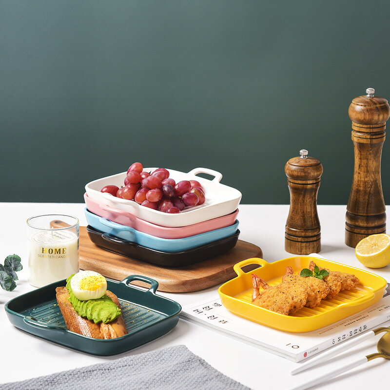 網紅ins盤子餐盤創意北歐風家用陶瓷菜盤碟子餐具長方形烤盤魚盤