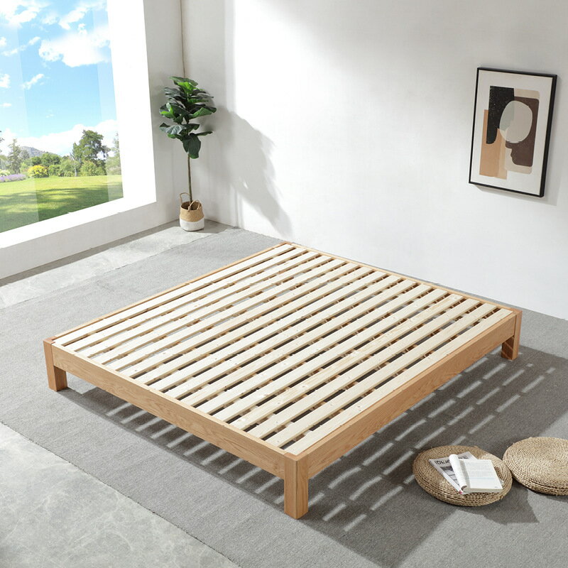 優樂悅~全實木床無床頭橡木雙人床現代簡約無靠背原木榻榻米床排骨床架