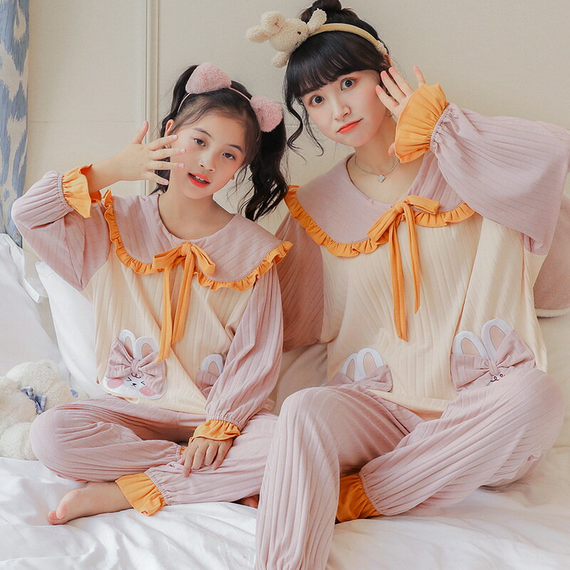 親子裝睡衣女春秋薄款棉質可愛女孩甜美公主母女款家居服套裝