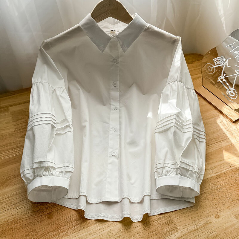 100%純棉長袖白色襯衫女新款秋冬季泡泡袖氣質別致內搭上衣