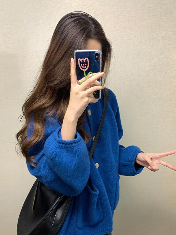 克萊因藍色毛衣開衫女秋冬季新款慵懶高階感針織上衣寬松百搭外套【雲木雜貨】