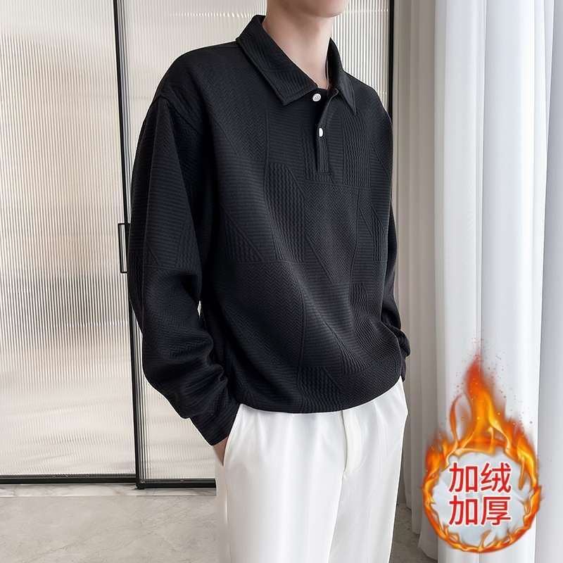 翻領加絨衛衣男秋冬季痞帥t恤長袖polo衫潮牌外套百搭寬松上衣服--享樂