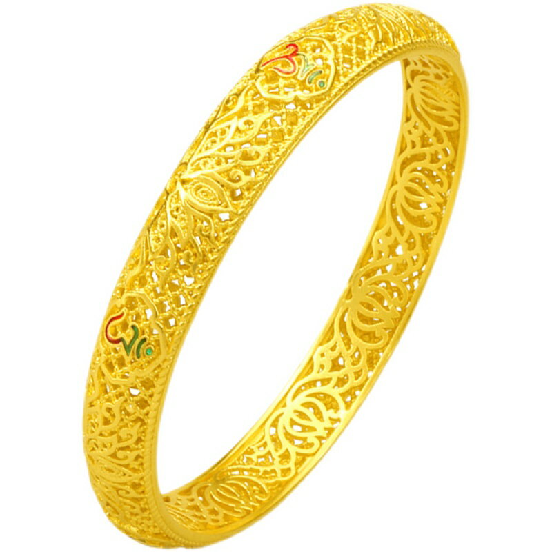 沙金手鐲古法傳承鏤空花絲鑲嵌寶石鍍金黃金中式古風新娘結婚首飾