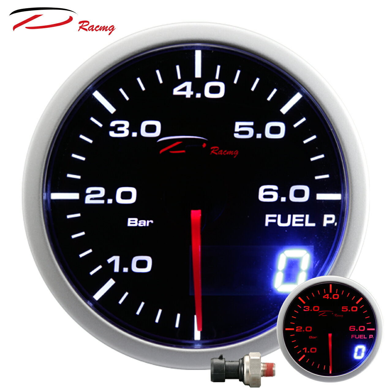 【D Racing三環錶/改裝錶】60mm油壓錶 FUEL PRESSURE 搭配電子式感應器。Dual View 指針+數字雙顯示系列。錶頭無設定功能。