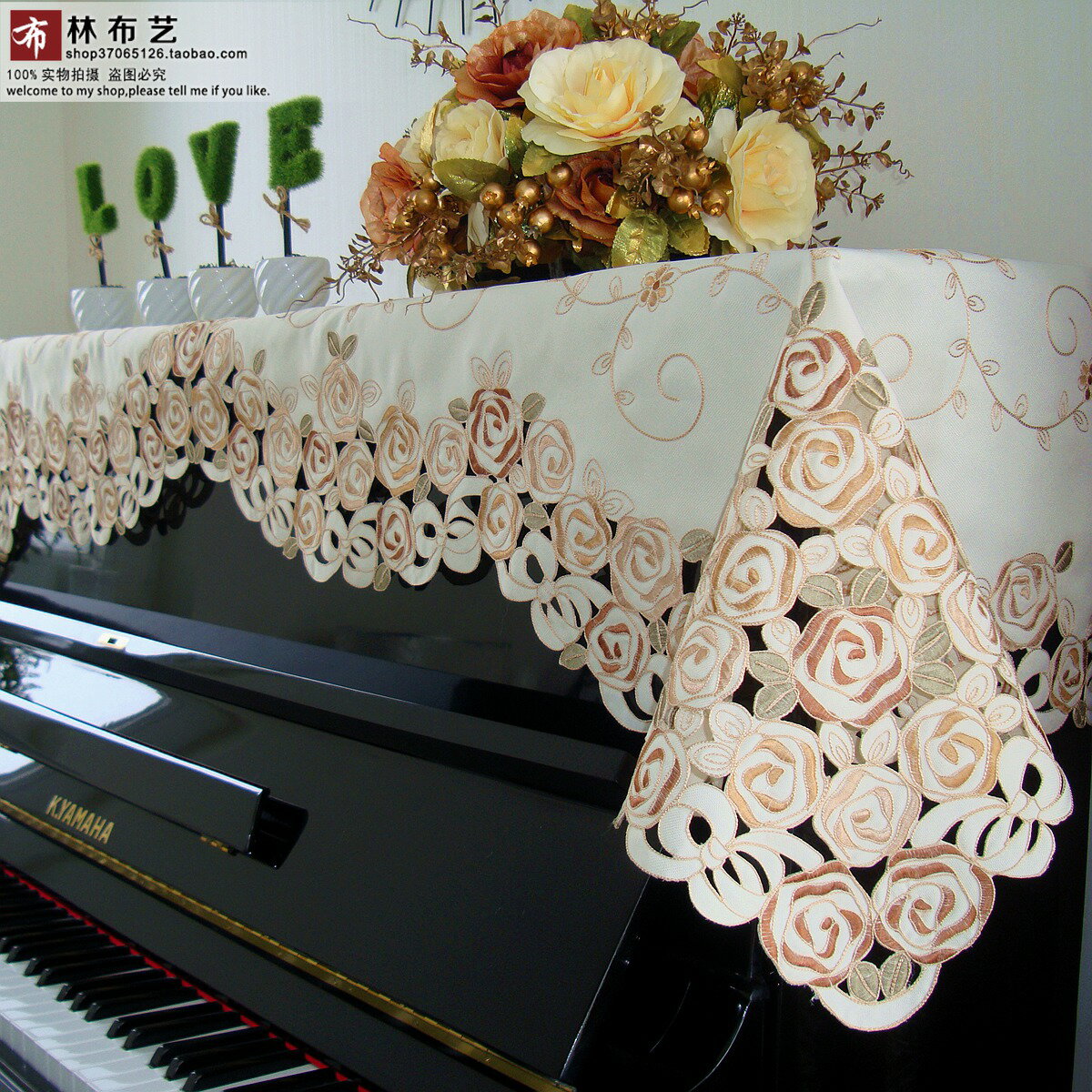外貿精美刺繡玫瑰鋼琴罩蓋巾繡花布藝鋼琴巾全罩歐式田園防塵半罩
