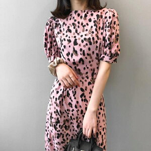 氣質洋裝 粉色豹紋性感連身裙女夏季正韓氣質輕熟法式復古收腰顯瘦長裙【顧家家】
