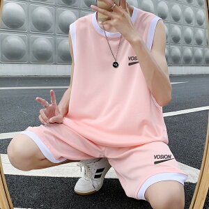 粉色無袖t恤男夏季美式籃球服炸街套裝坎肩背心球衣球褲兩件套潮