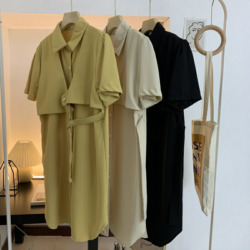 好貨 設計感系帶假兩件連衣裙女夏V-17法式復古單排扣短袖中長裙