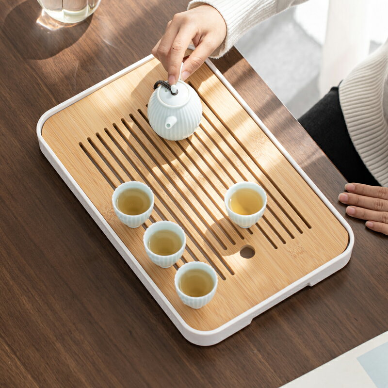 小型家用茶盤瀝水簡約日式小茶臺密胺干泡竹托盤方形功夫茶具儲水