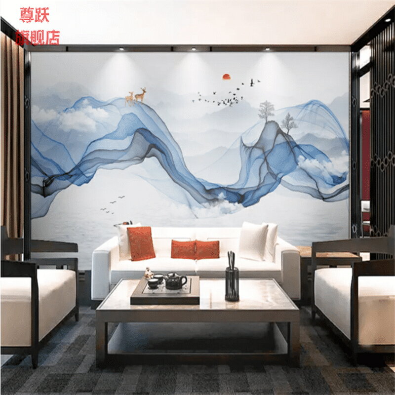 新中式抽象水墨山水墻紙8D立體客廳臥室電視背景墻布現代簡約壁畫