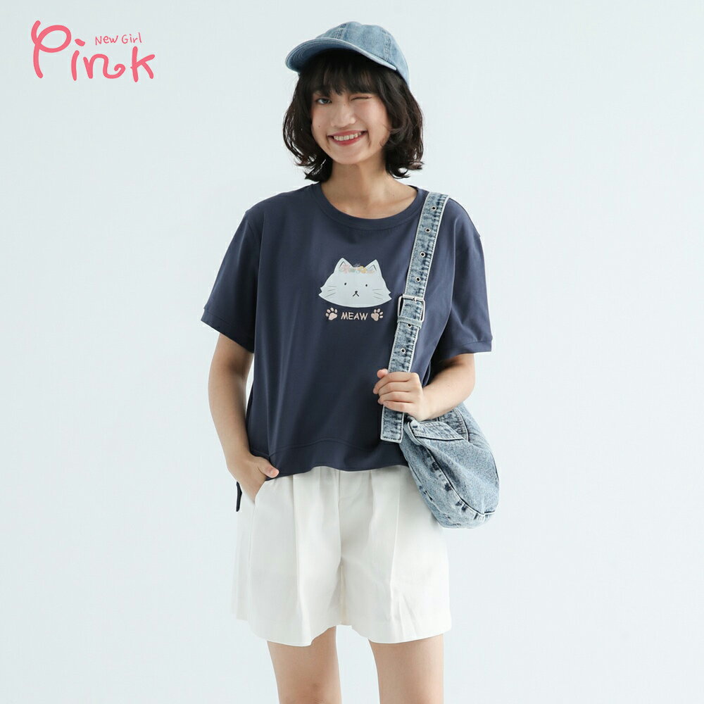 Pink*甜美喵圖繡涼感短袖上衣 (藍/白色) Y5303SQ