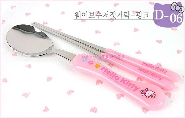廚房【asdfkitty可愛家】KITTY粉雲朵膠柄不鏽鋼筷子+湯匙-韓國製
