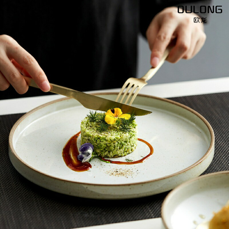 粗陶復古牛排西餐盤子日式白色餐盤家用商用創意餐具陶瓷
