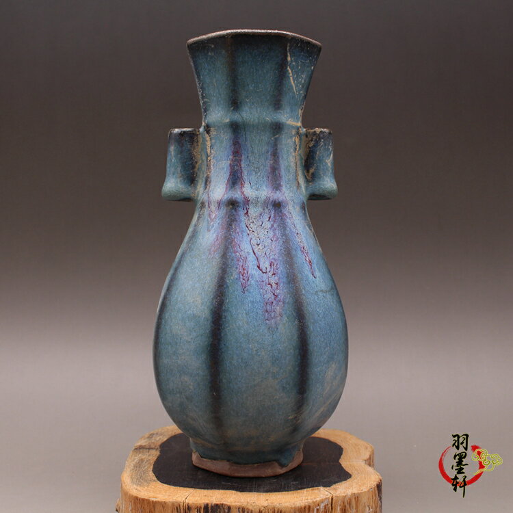 宋鈞窯 窯變藍釉一點紅 貫耳尊 方花瓶 古董古玩仿古陶瓷器收藏