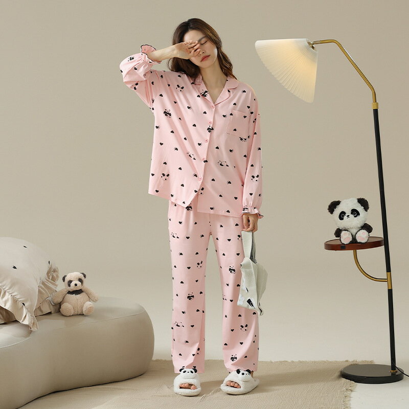 【巴黎精品】睡衣套裝長袖居家服-印花愛心熊貓防蟎女休閒服w1ad85