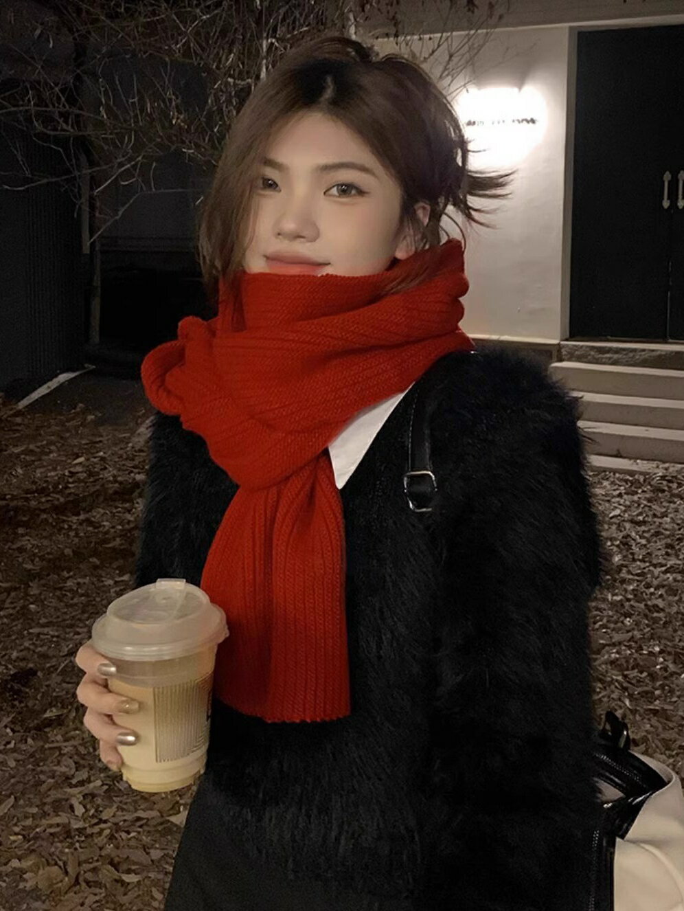 新年紅色圍巾女冬季韓版簡約百搭純色保暖學生針織毛線情侶圍脖