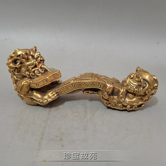 上新古玩銅器雙獅如意黃銅如意仿古工藝品博古架桌面裝飾擺件