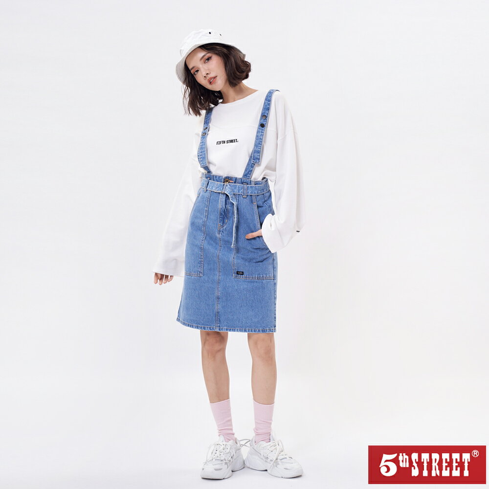 女裝 高腰吊帶牛仔裙-中古藍 (980036) 【5th STREET】【全館滿$3000贈環保餐具收納包】