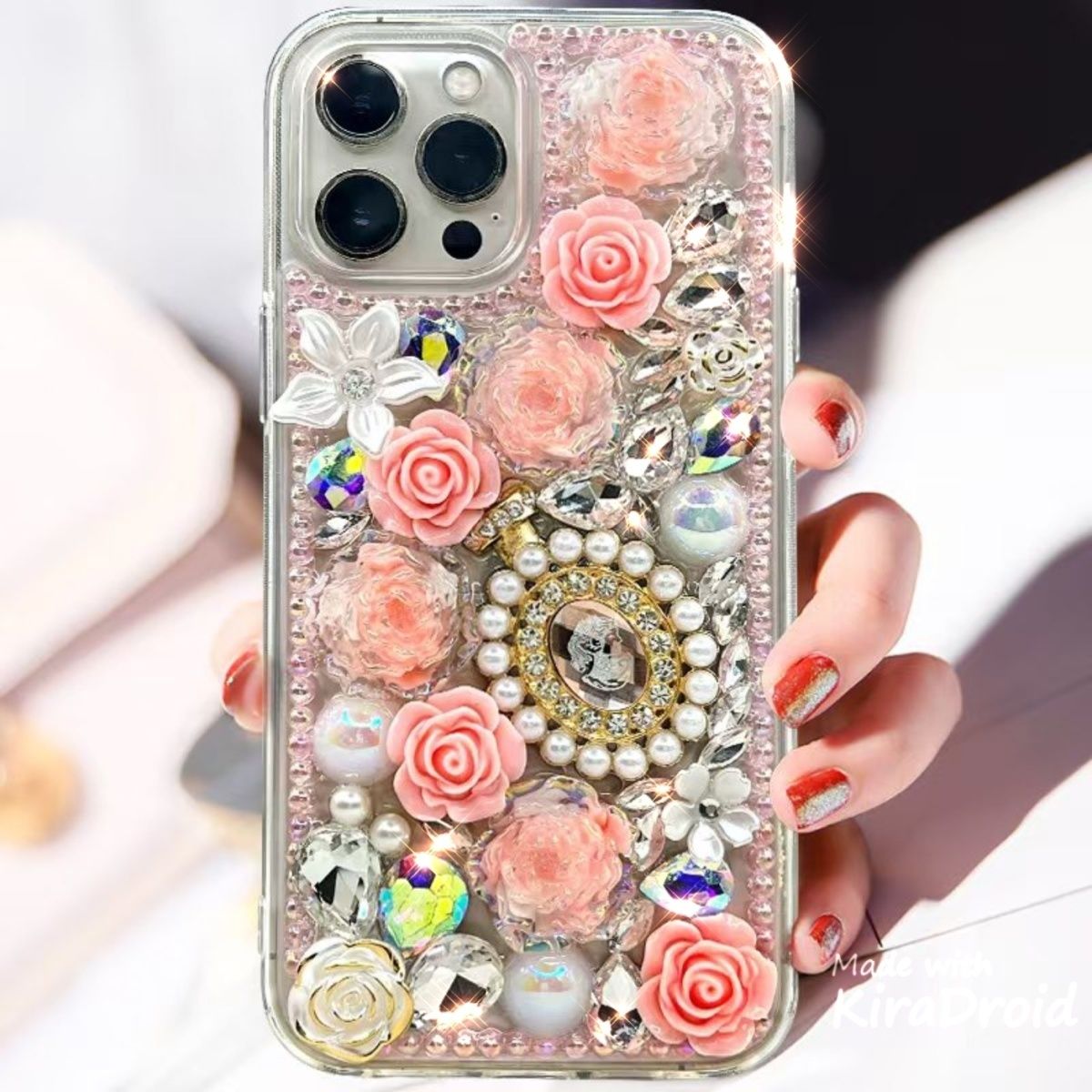 免運 最低價 新款玫瑰滿鉆奢華iPhone12-16防摔珍珠花成品手機殼爆閃手機殼 快速出貨