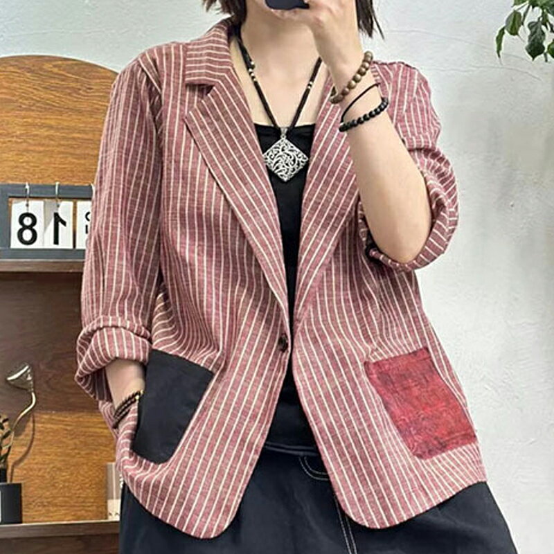 【巴黎精品】現貨+預購 高級法式西裝外套OL套裝西服上衣寬鬆大碼休閒女裝-拼接條紋韓版女外套2色a1kw66