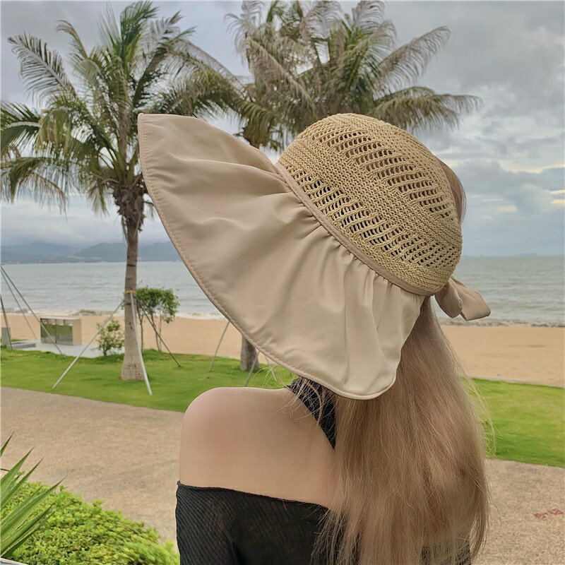 【優選百貨】帽子女夏UV黑膠防曬帽空頂透氣遮陽帽防紫外線大沿沙灘太陽帽