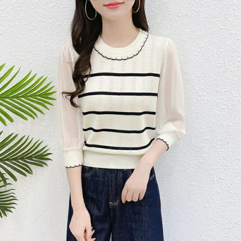 現貨+預購 針織衫七分袖T恤-條紋雪紡拼接提花女上衣2色74kx31【獨家進口】【米蘭精品】