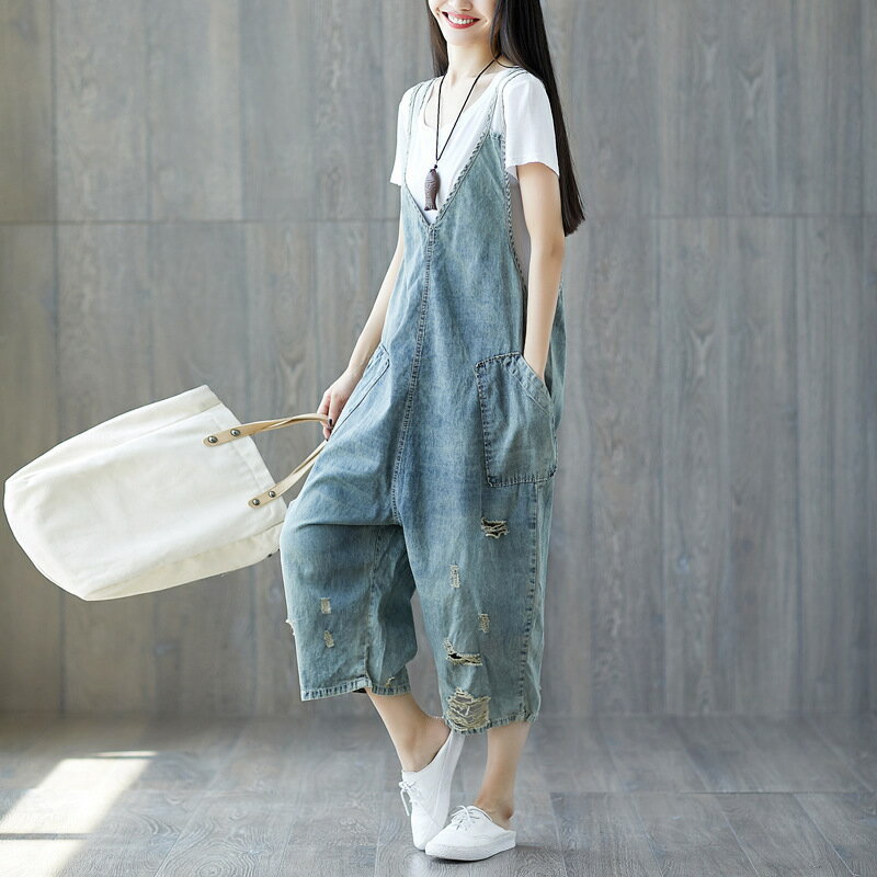 【巴黎精品】牛仔褲吊帶長褲-破洞吊帶七分褲寬鬆做舊女褲子a1ir48