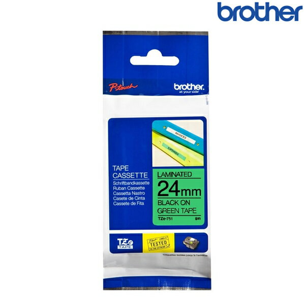 Brother兄弟 TZe-751 綠底黑字 標籤帶 標準黏性護貝系列 (寬度24mm) 標籤貼紙 色帶