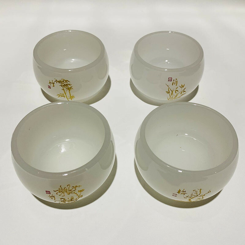 琉璃白玉茶杯主人杯碧玉綠梅蘭竹菊套裝功夫茶杯玉石杯酒杯酒具