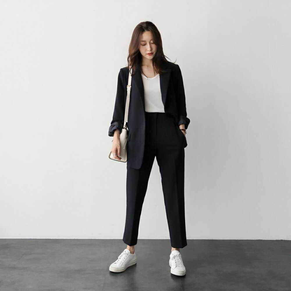 現貨+預購 西裝外套 九分褲 兩件套-經典黑色寬鬆休閒女套裝73xs13【獨家進口】【米蘭精品】