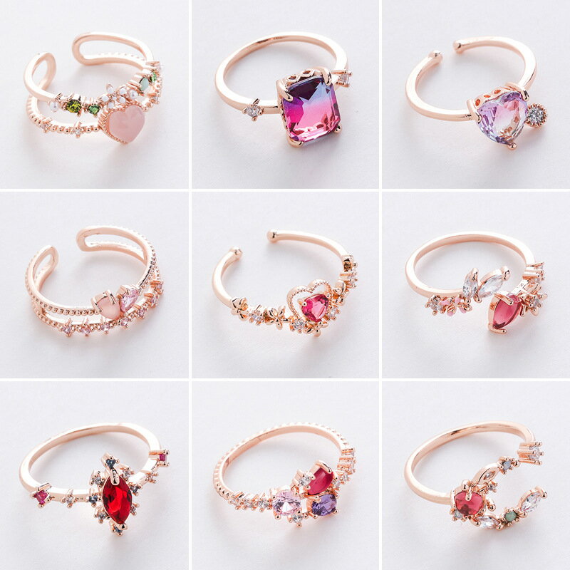 韓版新款多款微鑲水晶鋯石戒指甜美法式優雅花朵指環網紅流行飾品