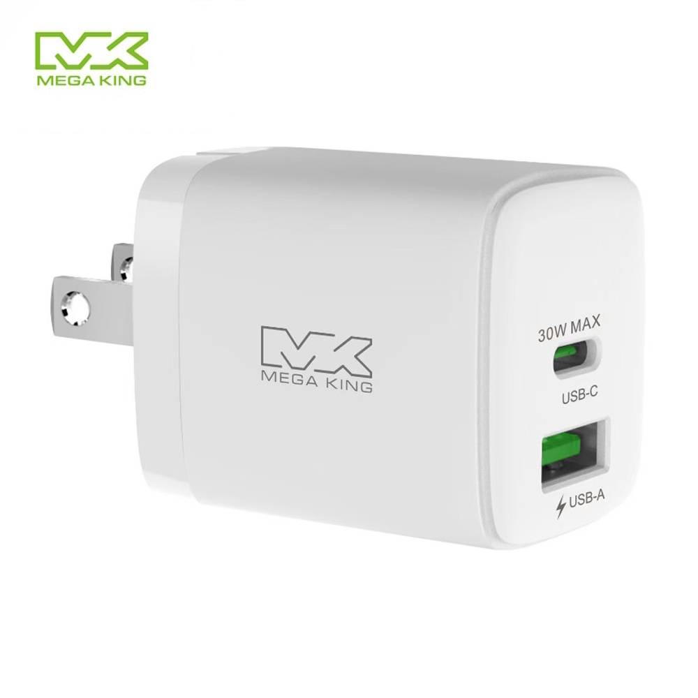 【APP下單6%回饋★領券再折】MEGA KING 30W氮化鎵雙孔旅充頭(1C1A) 白 QC PD快充頭 充電頭 type-c充電器 神腦生活