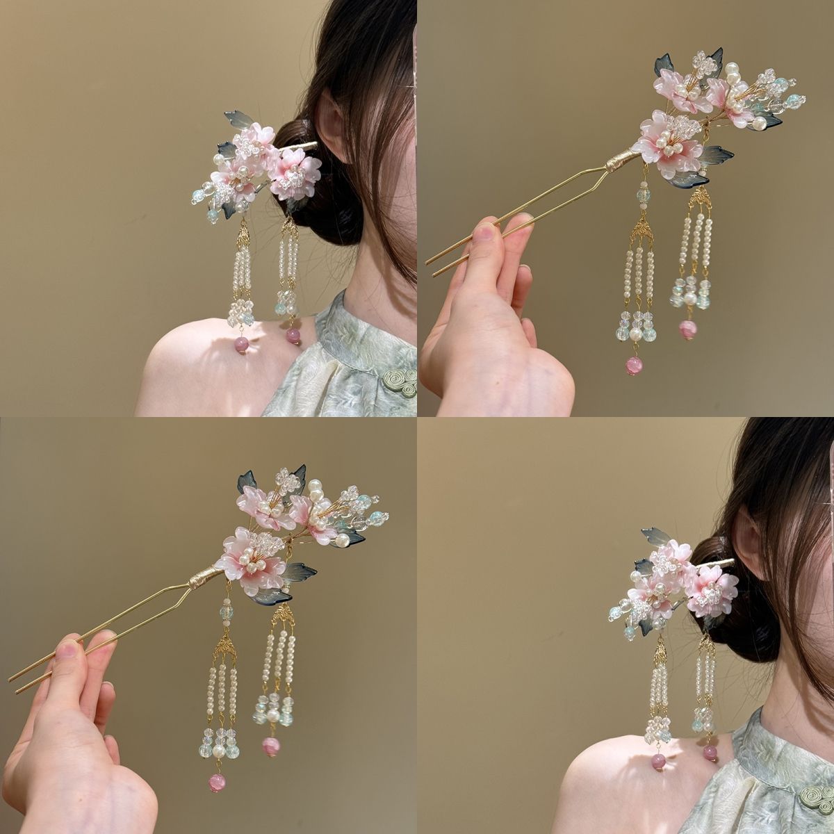 繁瑾迷情~新中式簪花絹花花朵發釵流蘇發簪子古典頭飾漢服頭飾品 z8093