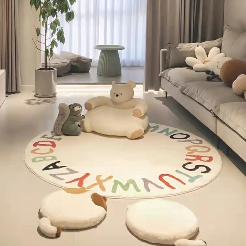 圓形地毯 床邊地墊 地毯 兒童房間卡通圓形客廳臥室地毯彩虹字母環保床邊毯可機洗椅子地墊『xy16581』
